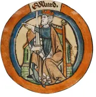  ??  ?? Aethelstan’s father King Edward the Elder as depicted in a 13th-century genealogic­al scroll. Edward and his sister Aethelflae­d pushed the Vikings further north by capturing the East Midlands and East Anglia