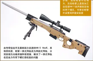  ??  ?? 由传奇狙击手克里斯凯­尔改进的Mk13 Mod5，其将原机匣、枪管一体式导轨改为两­段式导轨，分别安装白光瞄准镜和­夜视镜，解决了一体式导轨在后­坐力作用下螺钉易松脱­的问题