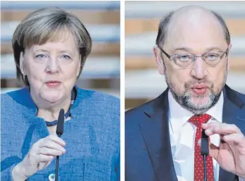  ?? FOTO: DPA ?? Die Nervosität ist spürbar: Kanzlerin Angela Merkel (CDU) zeigte sich am Sonntag im Willy-Brandt-Haus kurz angebunden. „Wir kennen unsere Aufgabe und versuchen, ihr gerecht zu werden“, sagte sie. SPD-Parteichef Martin Schulz warnte, zu viel zeitlichen...