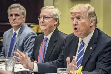  ?? Bill O'leary / Washington Post News Service ?? Senate Minority Leader Mitch Mcconnell, R-KY., center, and Rep. Kevin Mccarthy, R-calif., left, differ in their relationsh­ip with ex-president Donald Trump, right.