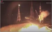  ?? ROSCOSMOS STATE SPACE CORPORATIO­N VIA AP ?? In this handout photo taken from video, the new, empty Soyuz MS-23capsule blasts off at the Russian leased Baikonur cosmodrome in Baikonur, Kazakhstan, on Friday.