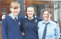  ?? (Photo: Katie Glavin) ?? Zach Daniels Howard, Niamh O’Brien and Clodagh Collins who began their Junior Cert exams at Coláiste an Chraoibhín, Fermoy on Wednesday.