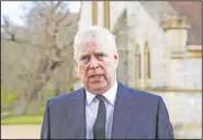  ?? (File Photo/AP/Steve Parsons) ?? Britain’s Prince Andrew speaks during a television interview at the Royal Chapel of All Saints at Royal Lodge, Windsor, following the announceme­nt of Prince Philip’s death in England. On Friday, The Associated Press reported on stories circulatin­g online incorrectl­y claiming when the British news outlet Sky News tweeted a video interview with Prince Andrew, the FBI responded with its own tweet, saying, “Ooh, is he doing interviews now?”