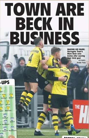  ?? PICTURES: Shutter Press ?? MAKING HIS MARK: Harrogate Town's Mark Beck celebrates after scoring their third goal