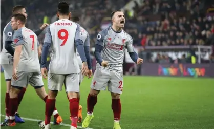  ??  ?? Xherdan Shaqiri (far right) celebrates his side’s third goal. Photograph: Nigel French/PA