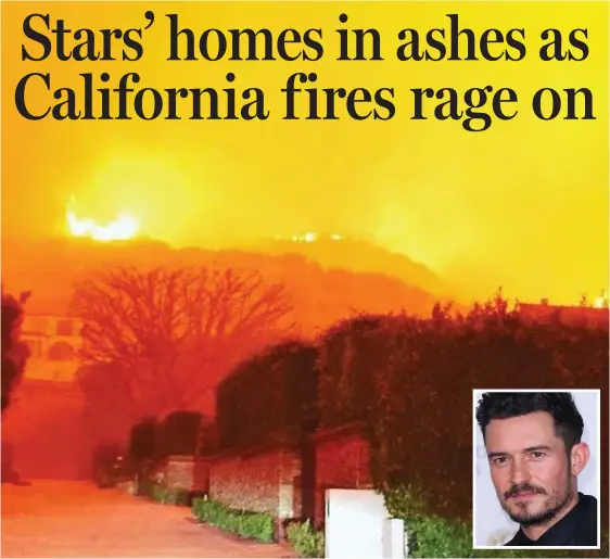  ??  ?? Menacing glow: Orlando Bloom, inset, posted this photo on Instagram of the view from his home in Malibu as flames approached