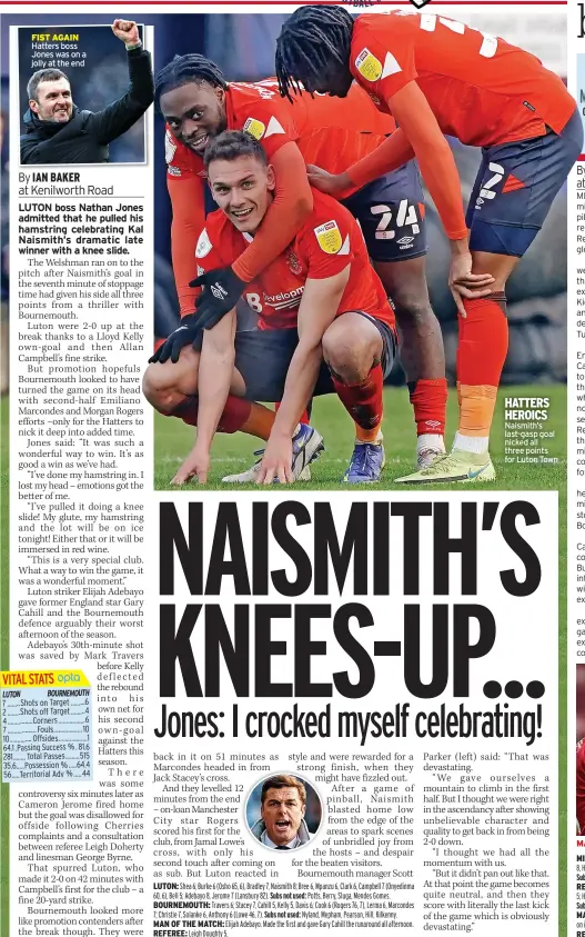  ?? ?? FIST AGAIN Hatters boss Jones was on a jolly at the end
LUTON:
BOURNEMOUT­H:
MAN OF THE MATCH: REFEREE:
HATTERS HEROICS Naismith’s last-gasp goal nicked all three points for Luton Town