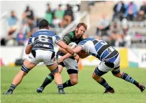  ?? : PHOTO: GETTY IMAGES ?? No way through the Wanganui defence for South Canterbury’s Jared Trevathan during the Meads Cup semi-final in Timaru.