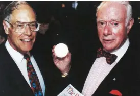  ??  ?? Rolph Huband, left, and author Pierre Berton, right, in 1994.