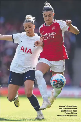  ?? ?? Arsenal’s Steph Catley and Tottenham’s Celin Bizet Ildhusoy clash. Picture: Richard Heathcote/Getty Images