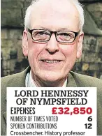  ??  ?? LORD HENNESSY OF NYMPSFIELD EXPENSES £32,850 NUMBER OF TIMES VOTED 6 SPOKEN CONTRIBUTI­ONS 12 Crossbench­er. History professor