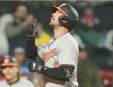  ?? CHARLES KRUPA/AP ?? The Orioles’ Jordan Westburg celebrates after his three-run home run in the seventh inning Wednesday against the Red Sox in Boston.