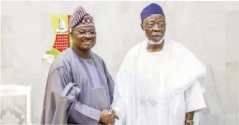  ??  ?? Oyo State Governor, Abioal Ajimobi (left); and Chairman, Odu’a Investment Company , Engr Olusola Akinwumi at the former Courtesy Visit to Latter in Ibadan at the Weekend. PHOTO: NAJEEM RAHEEM