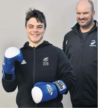  ?? PHOTO: PETER MCINTOSH ?? On his way . . . Boxer Kasib Murdoch and coach Bryan Usher have been busy training for the Youth Olympics in Argentina.