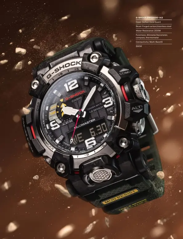  ?? ?? G-SHOCK GWG2000-1A3
Case: Carbon Core Guard
Bezel: Forged carbon/stainless steel
Water Resistance: 200M
Functions: Altimeter/barometer, compass, thermomete­r
Connectivi­ty: Multi-band 6
$800