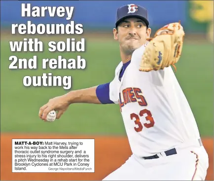  ?? George Napolitano/MediaPunch ?? MATT-A-BOY: Matt Harvey, trying to work his way back to the Mets after thoracic outlet syndrome surgery and a stress injury to his right shoulder, delivers a pitch Wednesday in a rehab start for the Brooklyn Cyclones at MCU Park in Coney Island.