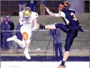  ?? Special to NWA Democrat-Gazette/RANDY MOLL ?? Shiloh Christian’s Preston Hall (left) blocks a punt off the foot of Gravette’s Chris Childress on Friday in Gravette.