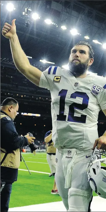  ?? — THE ASSOCIATED PRESS ?? Indianapol­is quarterbac­k Andrew Luck threw for 222 yards and a pair of touchdowns against the Texans Saturday in their AFC wild-card playoff contest in Houston. The Colts will move on to play Kansas City next weekend.