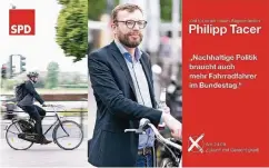  ??  ?? Auf seinen Großfläche­n-Plakaten ist SPD-Kandidat Philipp Tacer gleich doppelt zu sehen. Das sei verwirrend, sagen die Experten.