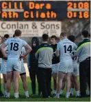  ??  ?? BIG LESSON: Cian O’Neill talks to his Kildare squad after an eye-opening O’Byrne Cup loss to third-string Dublin