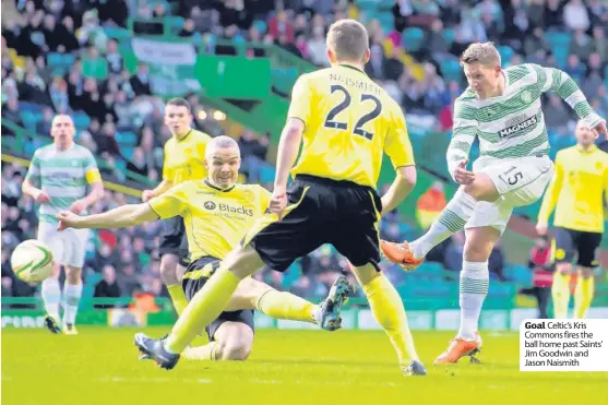  ??  ?? Goal Celtic’s Kris Commons fires the ball home past Saints’ Jim Goodwin and Jason Naismith