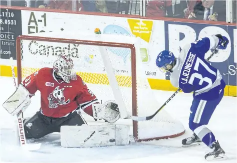  ?? JULIE JOCSAK/POSTMEDIA NEWS ?? Goalie Colton Incze of the Niagara IceDogs defends the net from Tory Lajeunesse of the Sudbury Wolves in OHL action at the Meridian Centre in St. Catharines on Saturday, October 28, 2017.