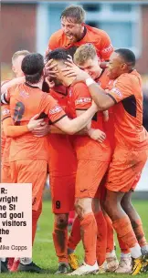  ?? PICTURE: Mike Capps ?? HIGH-RISER: Sam Cartwright heads home St Ives’ second goal before the visitors celebrate the third, inset