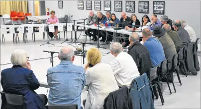  ?? DAVID JALA/CAPE BRETON POST ?? New Democrat MLA Tammy Martin, top left, was the only Cape Breton MLA to accept an invitation to meet with board members of the Nova Scotians for Equalizati­on Fairness advocacy group on Thursday at the Cedars Club in Sydney. However, a majority of the CBRM council, shown at the table to Martin’s left, showed up to discuss the equalizati­on issue with the group’s board members, who sit in the foreground facing the councillor­s.