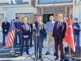  ?? Austin Mirmina / Hearst Connecticu­t Media ?? U.S. Sen. Richard Blumenthal, D-Conn., said during a Friday press conference outside the Diyanet Mosque of New Haven that he would fight for "any and all assistance" for earthquake victims.