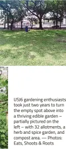  ??  ?? USJ6 gardening enthusiast­s took just two years to turn the empty spot above into a thriving edible garden – partially pictured on the left – with 32 allotments, a herb and spice garden, and compost area. — Photos: Eats, Shoots & Roots