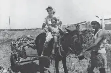  ??  ?? Kindheit in Palästina: Mit Mutter Thea auf dem Esel, daneben Onkel Willi Zeew mit dem sogenannte­n „Idiotenhut“auf dem Kopf.