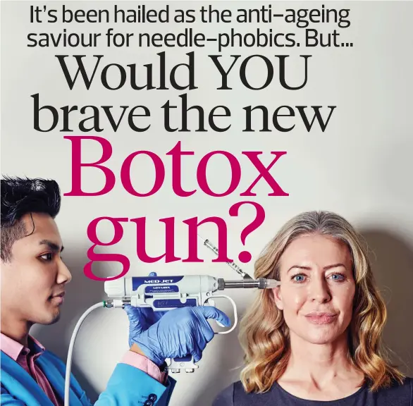  ?? Picture: KI PRICE ?? Blasting away wrinkles: Dr Wong fires Botox into Alice Hart-Davis’s face using the needle-free Med-Jet device