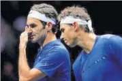  ?? REUTERS ?? Rafael Nadal (right) and Roger Federer in action against Jack Sock and Sam Querrey of Team World on Saturday.