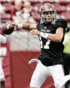  ??  ?? Nick Starkel drops back to pass during Texas A&M’s spring football game at Kyle Field on Saturday. Starkel, who threw a touchdown pass, is one of three quarterbac­ks competing for the Aggies’ starting job this season.