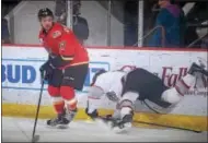  ?? PHOTO ANDY CAMP/ADIRONDACK THUNDER ?? Paul Rodrigues eludes an opponent during the Adirondack Thunder’s 4-1 loss to the Brampton Beast on Friday. The Thunder host the Florida Everblades on Wednesday, Friday and Saturday in the coming week.