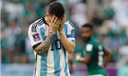  ?? Photograph: Tom Jenkins/The Guardian ?? Lionel Messi shows his disappoint­ment during the World Cup defeat against Saudi Arabia.