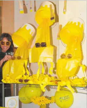  ??  ?? Manager Mary Nichols shows off the Spex Eyewear’s shop winning display in last year’s Daffodil Day Paint the Town Yellow competitio­n.