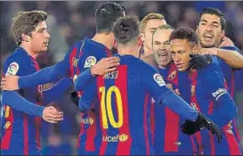  ?? AP ?? Barcelona's Neymar (right) celebrates his goal with teammates on Thursday.