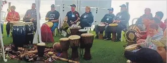  ??  ?? Drumming was used as a way of bringing together members of the Wounded Warriors gathered at Scotsman Point at an event planed by Muskie Canada.