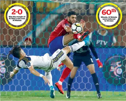  ??  ?? Walid Azaro of Al Ahly and Sultan Ali of Al Wahda clash for a ball in the Arab Club Championsh­ip Group A match. —