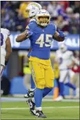  ?? JEFF LEWIS — THE ASSOCIATED PRESS ?? Rookie linebacker Tuli Tuipulotu played a bigger role for the Chargers after Joey Bosa was injured Nov. 19.