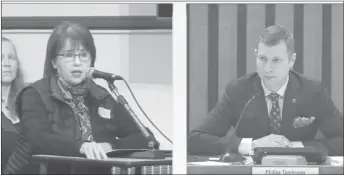  ?? CP PHOTO ?? A woman speaks while wearing a yellow badge as Mayor Philipe Tomlinson looks on during a council meeting, as shown in these screengrab­s, for the borough of Outremont in Montreal.