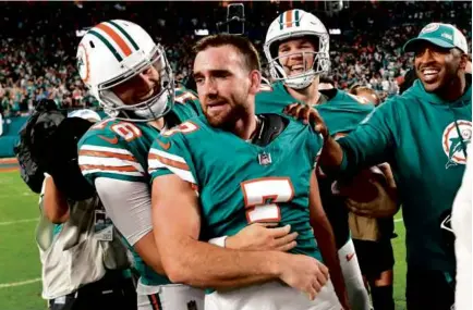  ?? MICHAEL LAUGHLIN/ASSOCIATED PRESS ?? Jason Sanders scored the bulk of the Dolphins’ points on field goals of 57, 52, 54, 35, and 29 yards.