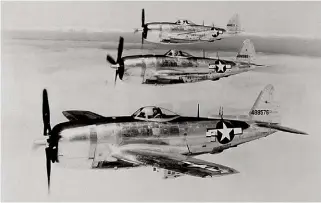  ??  ?? Three of the 1,816 P-47Ns built before the war’s end. With 186 additional gallons of fuel in wing tanks and external tanks, it carried 1,266 gallons that gave it a range of 2,350 miles for B-29 bomber support in the Pacific theater. It also had the large boost in performanc­e provided by the 2,800hp (War Emergency Power) Pratt & Whitney R-2800-57-C engine.