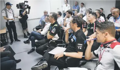  ??  ?? ELECTRIFYI­NG. MotoE Cup director Nicolas Goubert addresses representa­tives of the teams who will contest next year’s MotoE racing season.