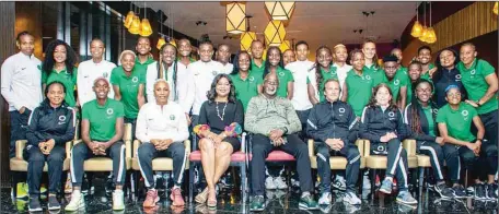  ?? ?? President of the Nigeria Football Federal (NFF), Amaju Pinnick (5th, right seated) and Chairperso­n of the NWPL, Aisha Falode (seated next to Pinnick, right) with Super Falcons and officials of the team shortly after the send forth dinner in Lagos on Sunday night