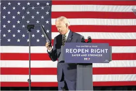  ?? PHOTO: JONATHAN ERNST ?? Growth in popularity: Joe Biden speaks at a campaign event held in Pennsylvan­ia about reopening the country.