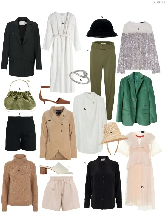  ??  ?? 1. Blazer Inwear, 2 440 kr. 2. Kjole & Other Stories, 1 290 kr. 3. Hatt Maison Michel, 5 980 kr. 4. Bukser Gestuz, 1 350 kr. 5. Topp Zara, 400 kr. 6. Veske Rosantica by Michela Panero, 4 425 kr. 7. Sko Burberry, 5 270 kr. 8. Ring Dulong Fine Jewelry, 4 750 kr. 9. Shorts Selected Femme, 515 kr.
10. Jakke Bitte Kai Rand, 2 170 kr. 11. Kjole By Malene Birger, 3 120 kr. 12. Hatt Cult Gaia, 1 065 kr. 13. Blazer Acne Studios, 5 980 kr. 14. Genser Sand, 2 300 kr. 15. Shorts Apiece Apart, 2 850 kr. 16. Sko Zara, 675 kr. 17. Skjorte Second Female, 1 355 kr. 18. Kjole Simone Rocha, 11 300 kr.