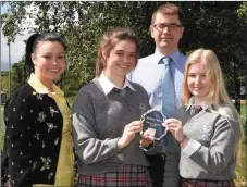  ?? Photos by Michelle Cooper Galvin ?? Intermedia­te School Killorglin students Orlaith Reynolds and Cadhla Pigott ISTA Maths and Science winners and BT Young Scientist award winners with teacher Sheree Murphy and Principal Joe O’Dwyer.