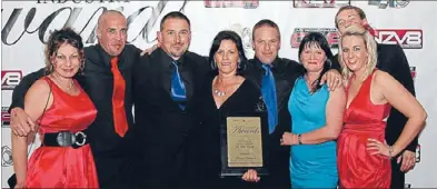  ??  ?? High achievers: The team at Matamata Panelworks and Matamata Paintworks took home V8 Panel/paint Shop of the Year. From left: Jo O’reilly, Blair Leadbeater, Malcolm and Nicky Sankey, Greig and Emma Miller, Kelly Frost and Shaun Mold.